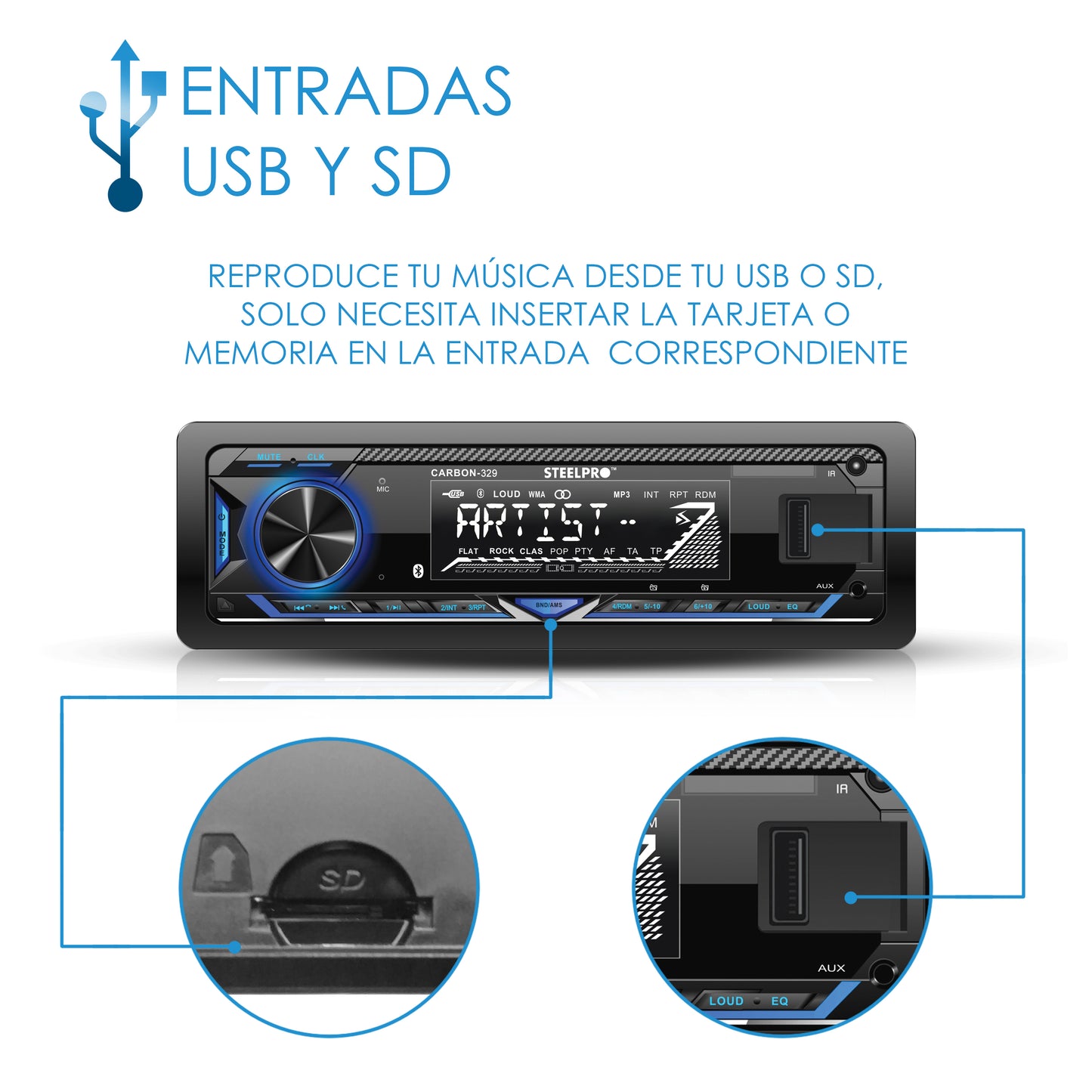 Autoestéreo Amplificado Con Bluetooth De 1 Din, CARBON-329
