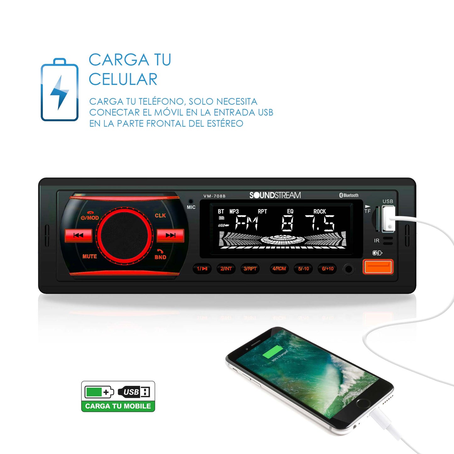 Autoestéreo Bluetooth de 1 DIN USB, SD, AUX Soundstream, VM-708B