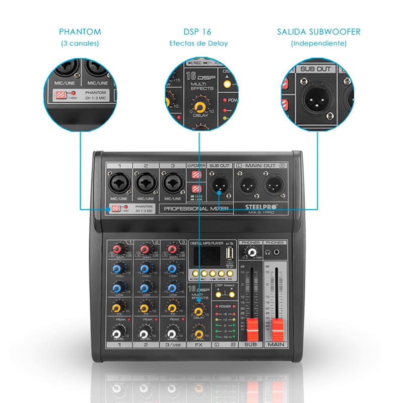 Mezcladora de 4 Canales, 3+subwoofer XLR, Bluetooth y USB