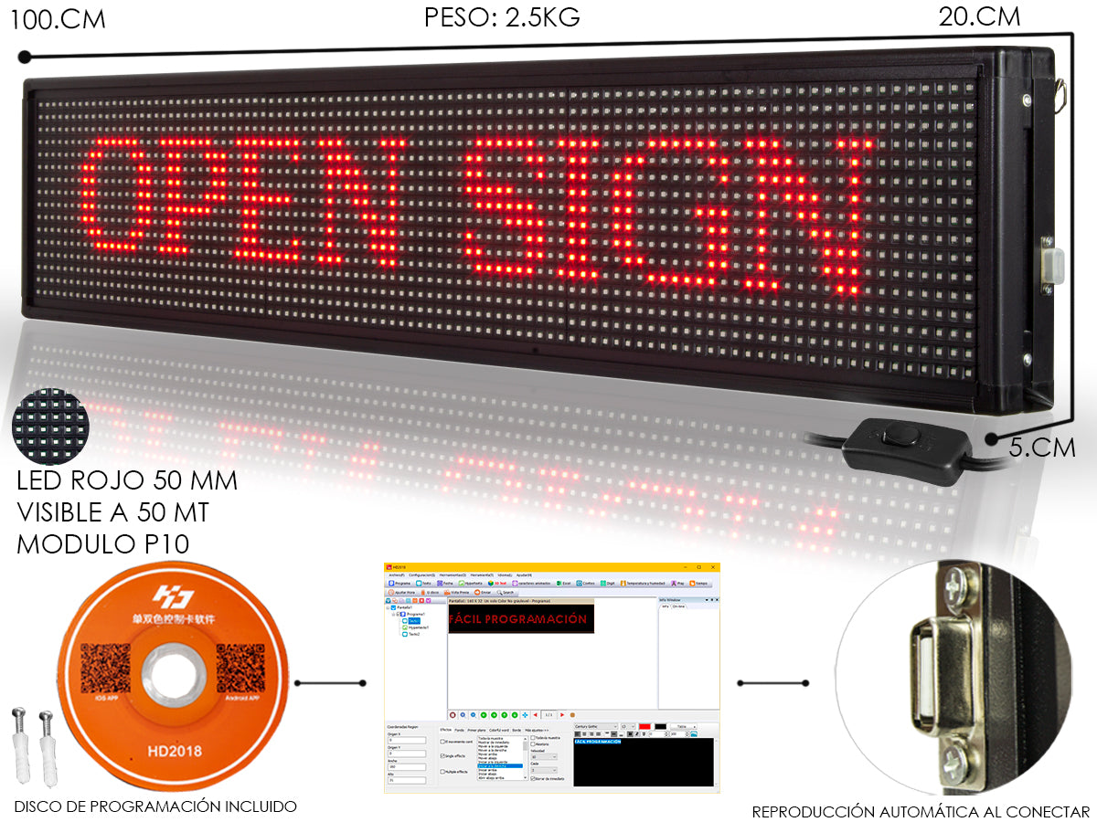 Letrero Led Programable de Color Rojo 1mx20cm