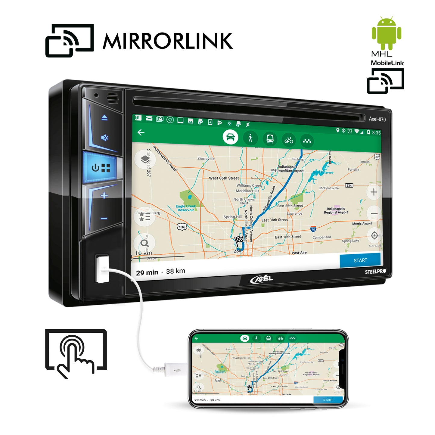 Autoestéreo de 2 DIN DVD/CD/CDR/CDRW, MP3, FM Bluetooth 2.0, 6.2” Touch Screen, AXEL-070