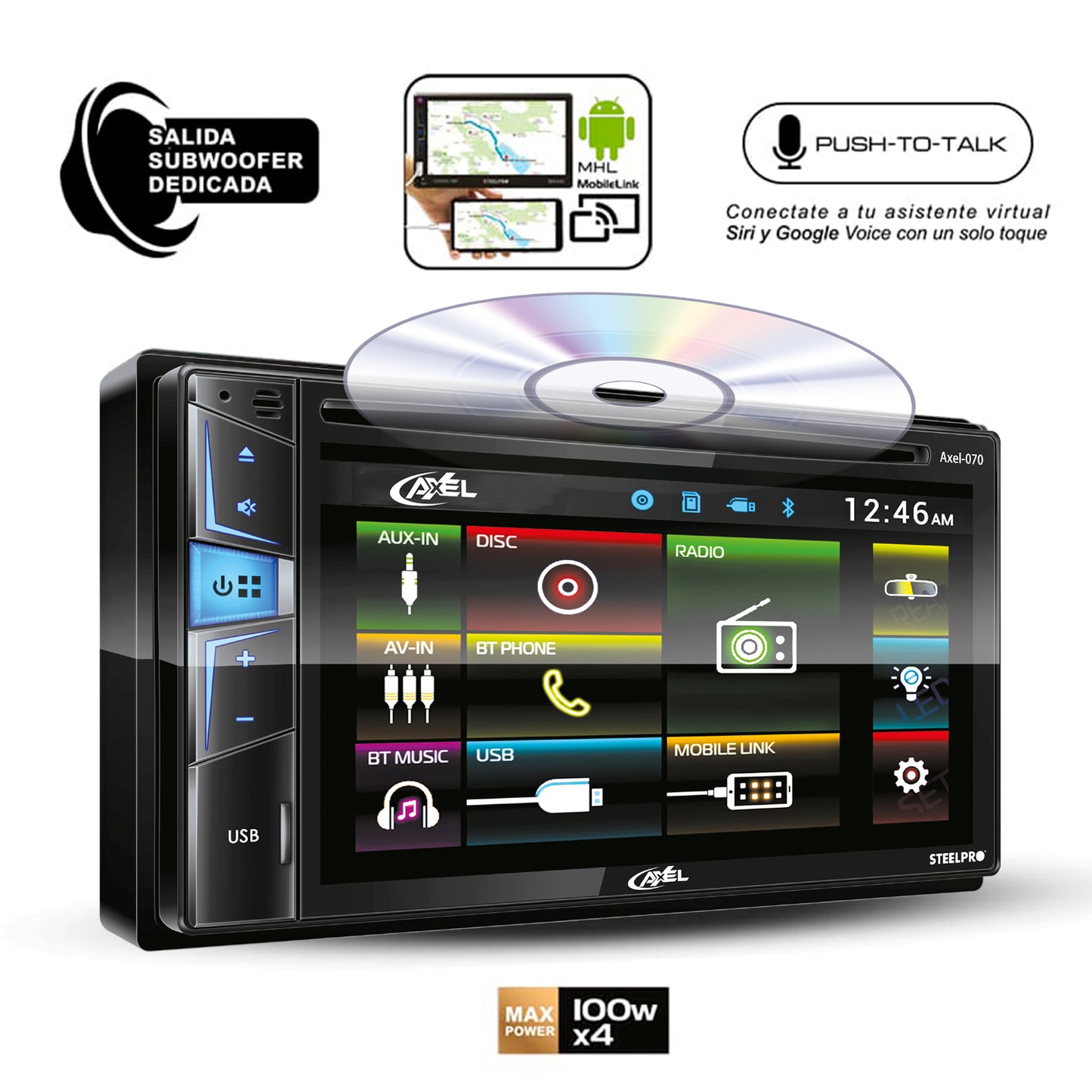 Autoestéreo de 2 DIN DVD/CD/CDR/CDRW, MP3, FM Bluetooth 2.0, 6.2” Touch Screen, AXEL-070