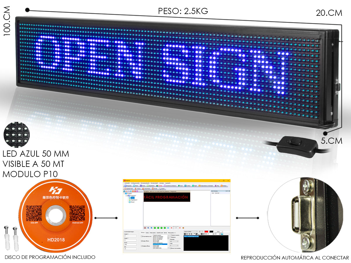 Letrero Led Programable de Color Azul 1mx20cm