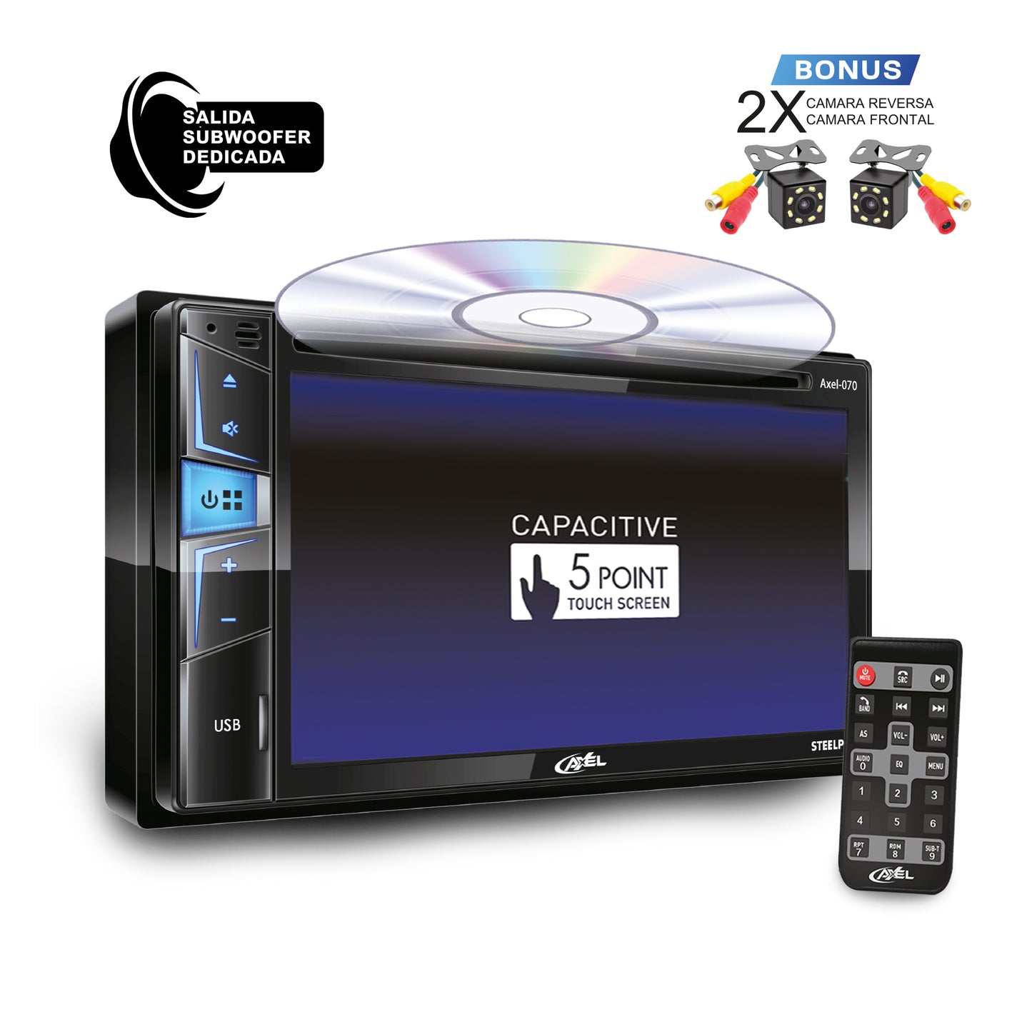 Autoestéreo de 2 DIN DVD/CD/CDR/CDRW, MP3, FM Bluetooth 2.0, 6.2” Touch Screen, AXEL-070