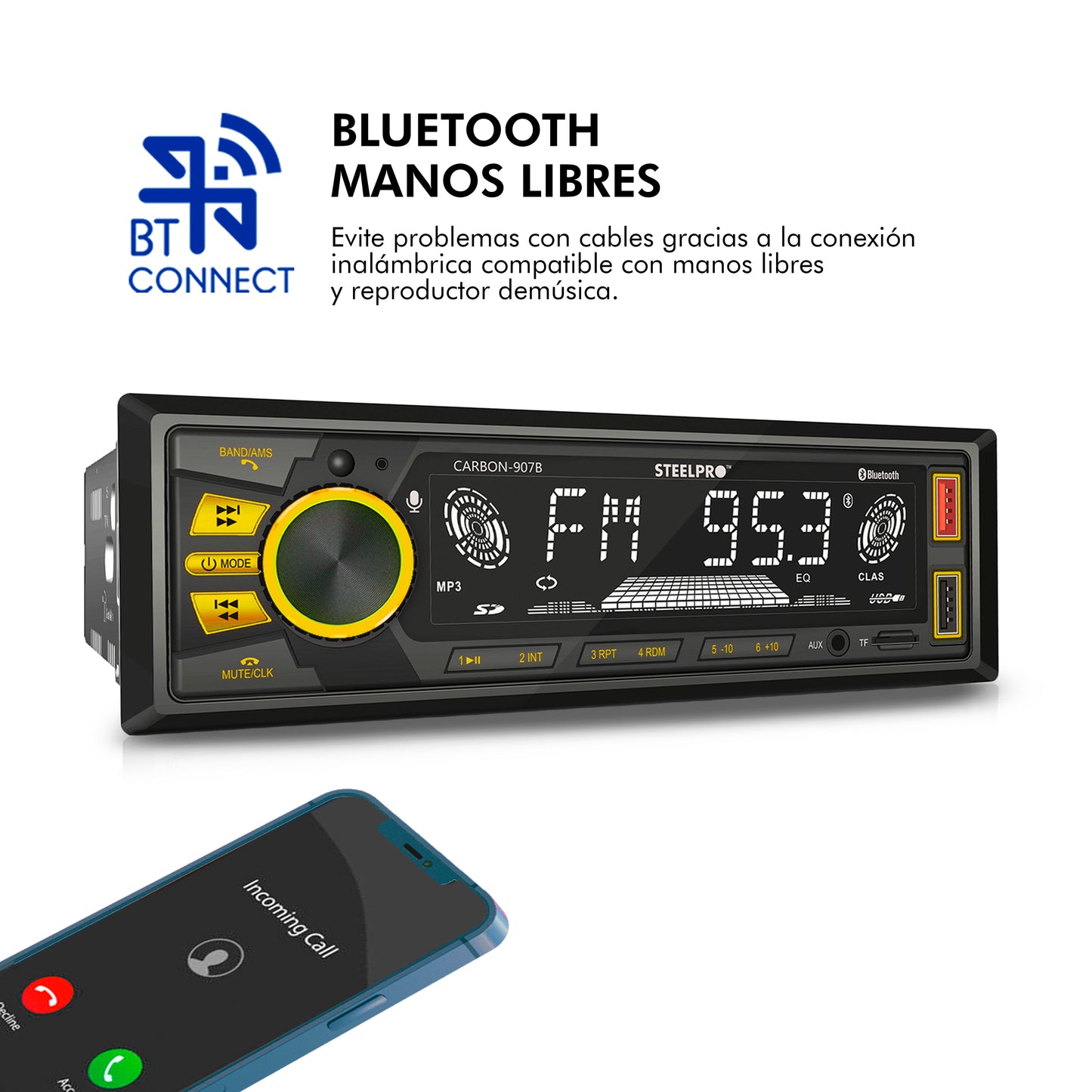 Autoestéreo Con Bluetooth, USB/SD De 1 DIN, CARBON-907B