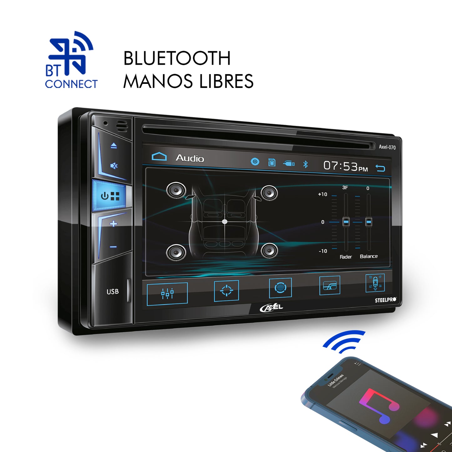Autoestéreo de 2 DIN DVD/CD/CDR/CDRW, MP3, FM Bluetooth 2.0, 6.2” Touch Screen, AXEL-070