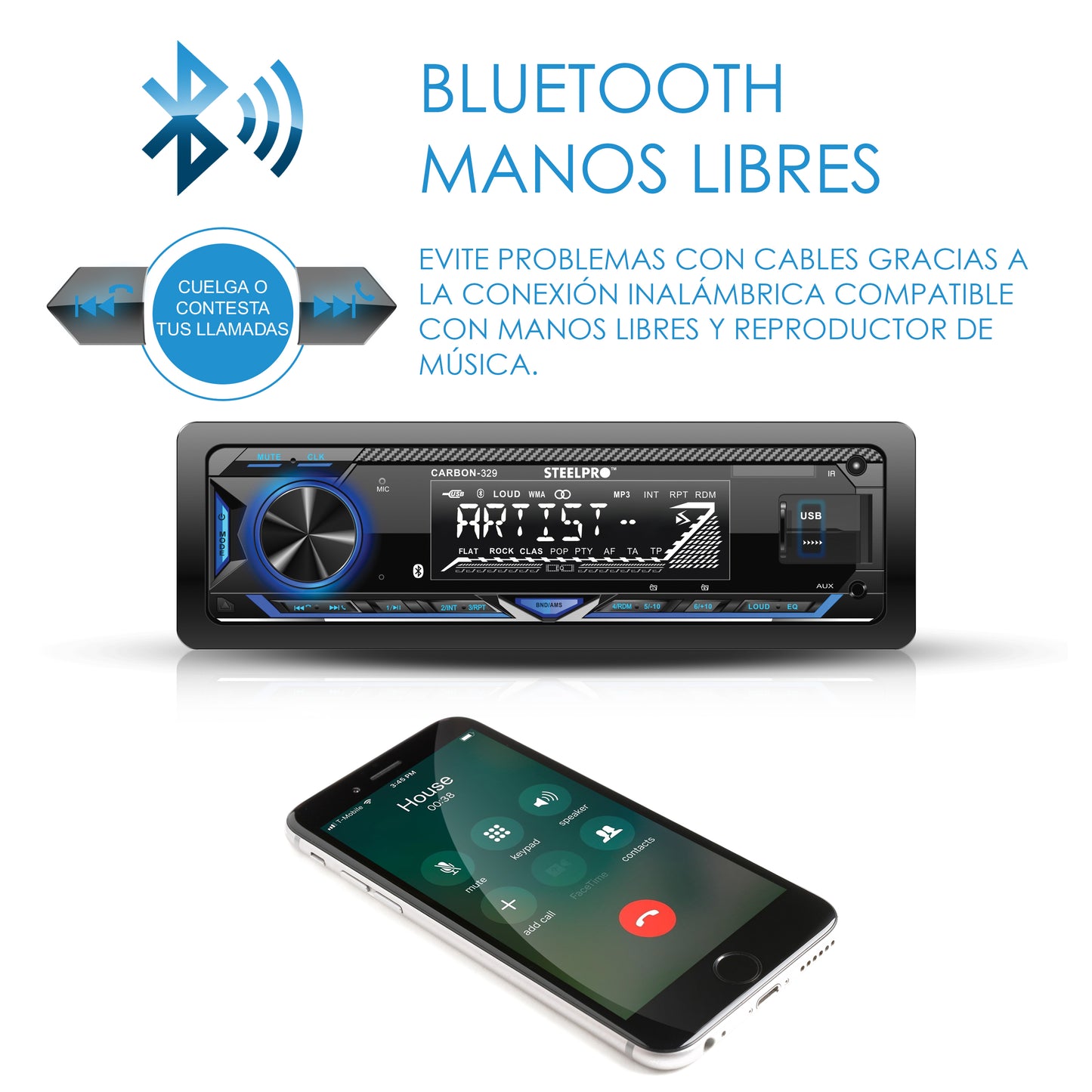 Autoestéreo Amplificado Con Bluetooth De 1 Din, CARBON-329