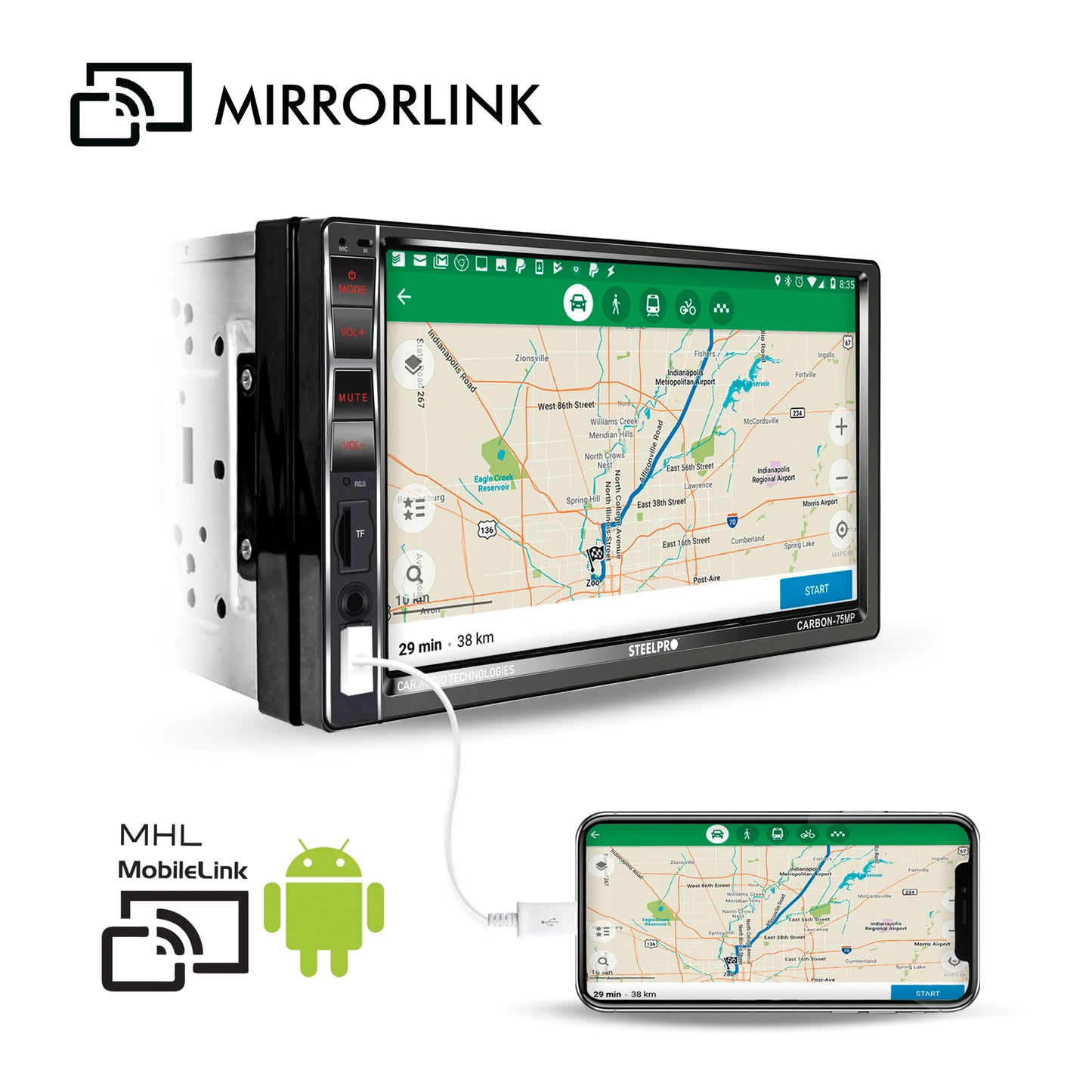 Autoestéreo Mirror Link dePantalla Táctil 7 con Bluetooth Steelpro
