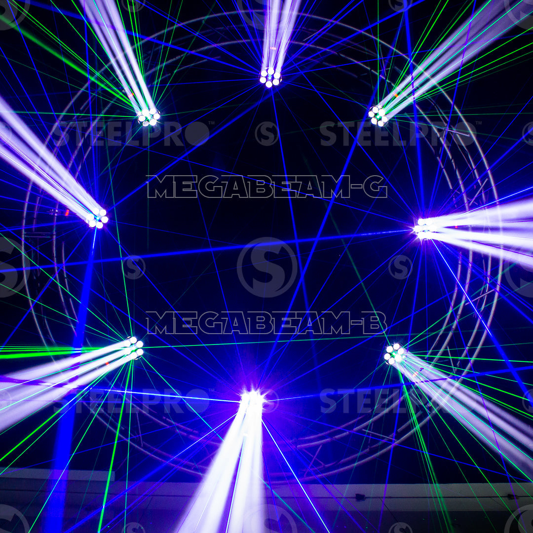 Case con 2 Cabezas Motorizadas MEGABEAM-B RGBW, 4 en 1 + Laser Verde
