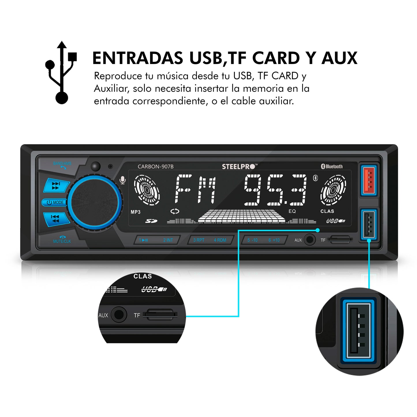 Autoestéreo Con Bluetooth, USB/SD De 1 DIN, CARBON-907B
