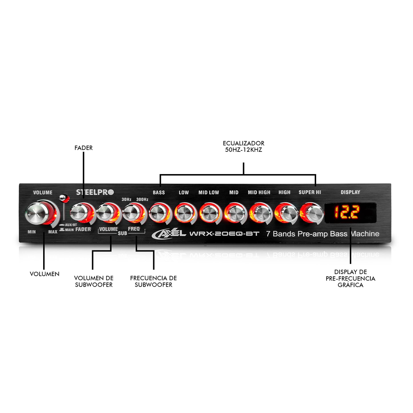 Ecualizador Preamplificado de 7 Bandas con control de Subwoofer  y Bluetooth Axel By Steelpro