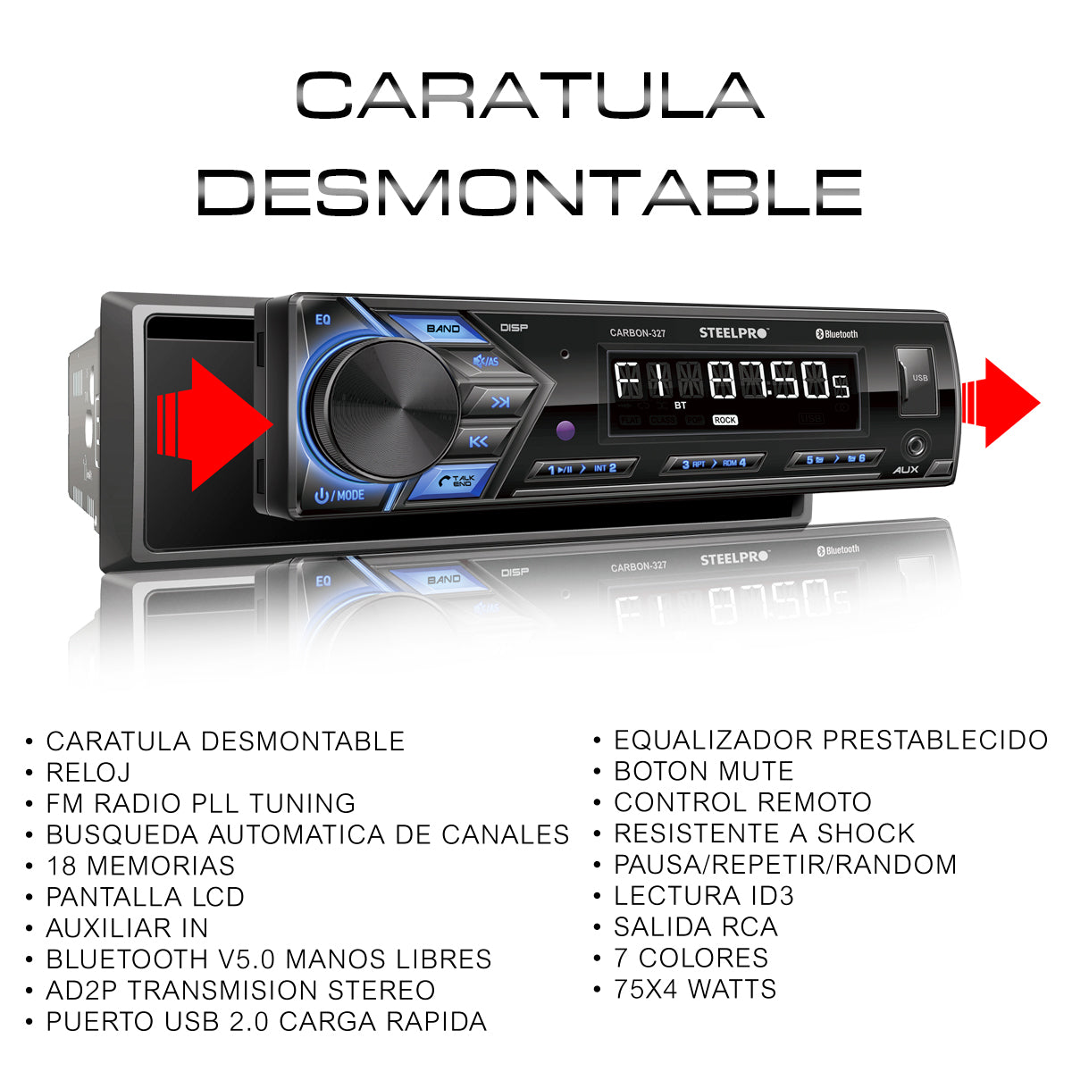 Autoestéreo Con Bluetooth De 1 Din Con Caratula Desmontable, CARBON-327