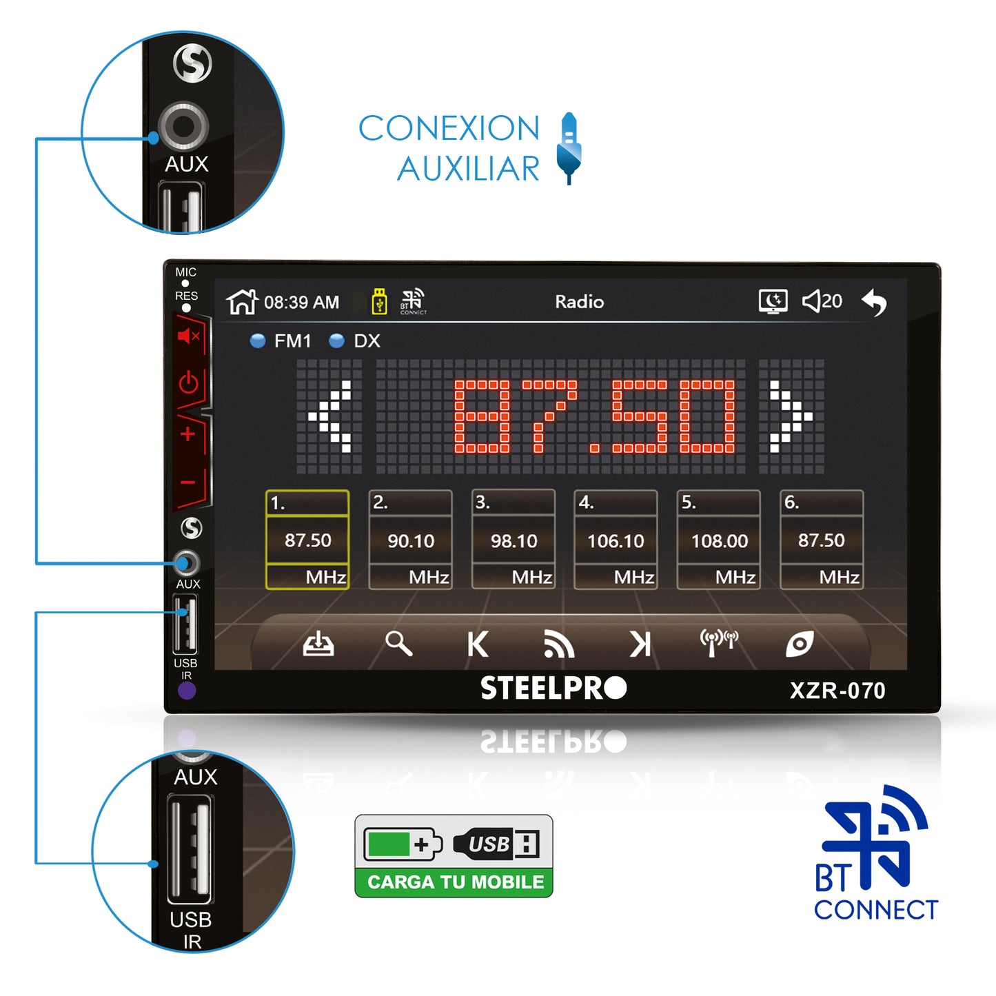 Autoestéreo de Pantalla Táctil de 7" con Mirror Link y Bluetooth, XZR-070
