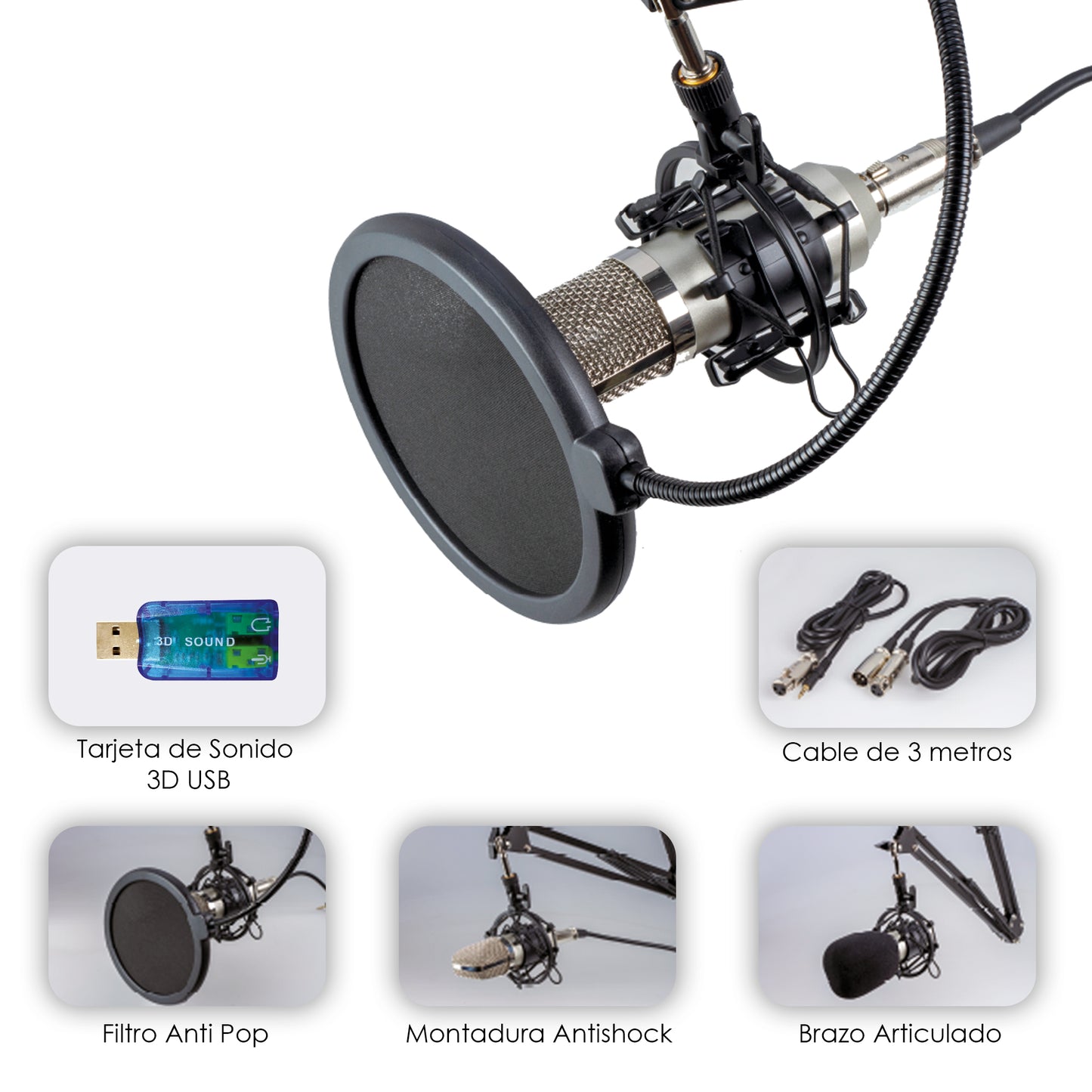 Micrófono Profesional Cardioide Para Streaming con Soporte Para Estudio de Grabación