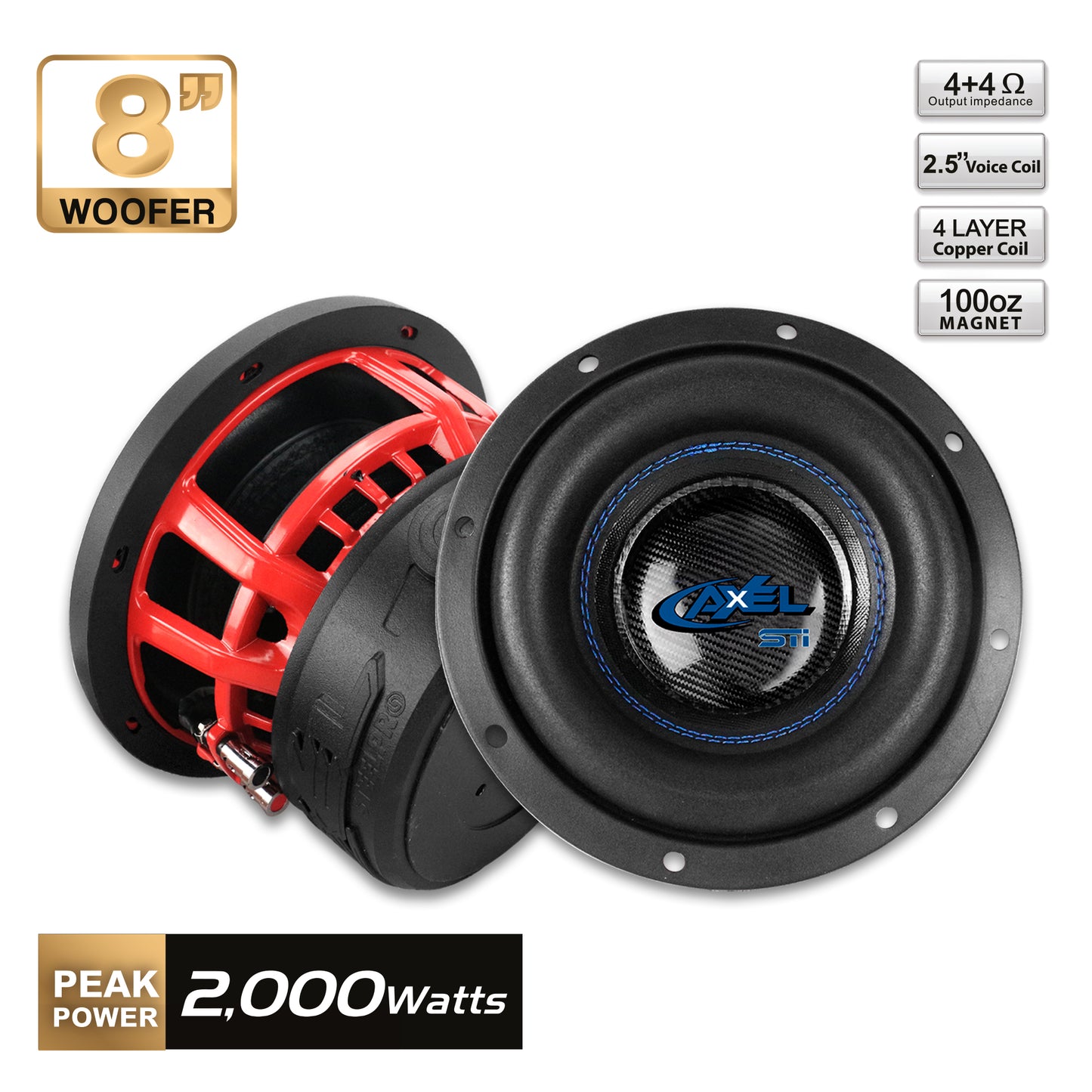 Subwoofer Profesional de 8" Pulgadas de Alto desempeño 2000w 4+4 OHMS AXEL By Steelpro