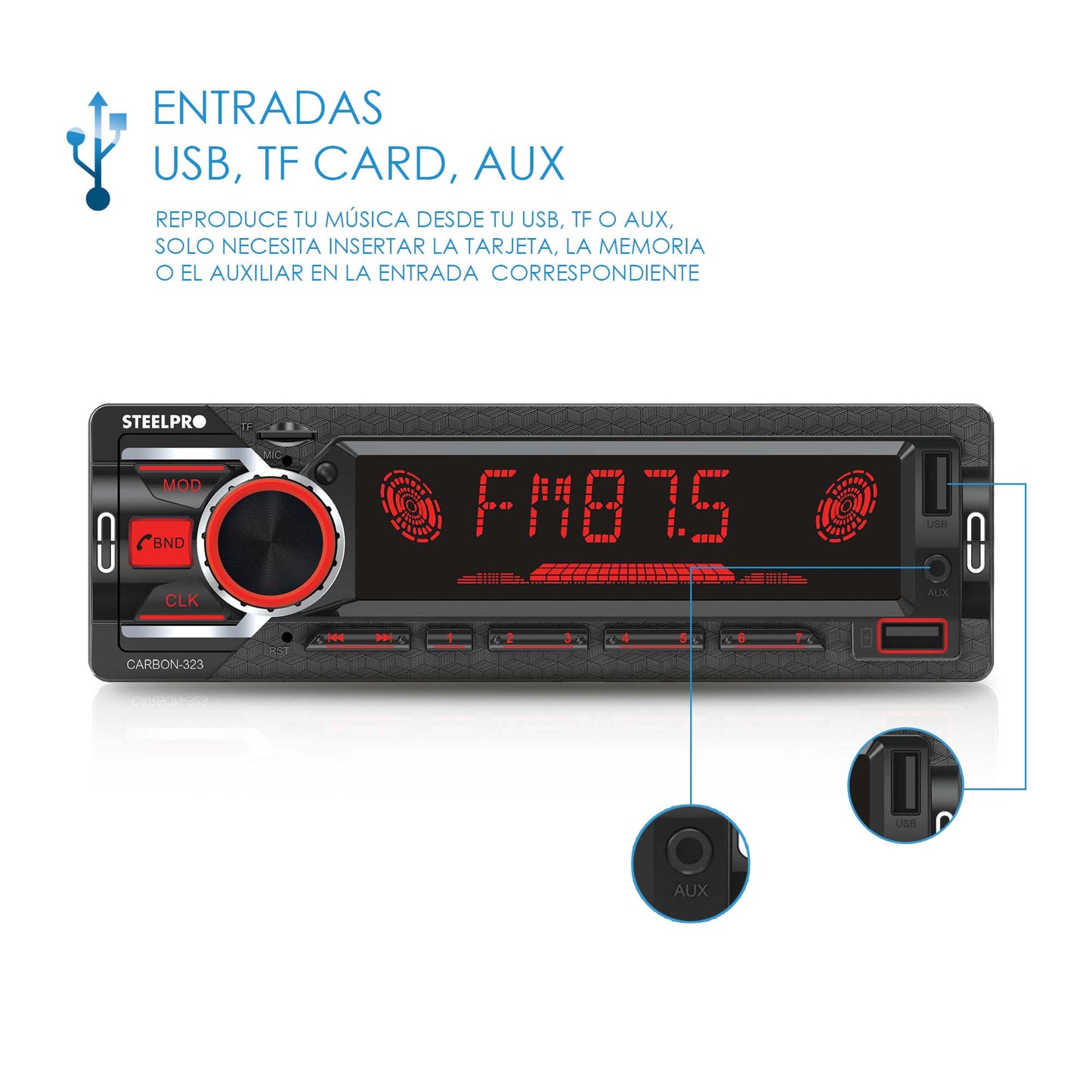 Autoestéreo Con Bluetooth De 1 Din, CARBON-323