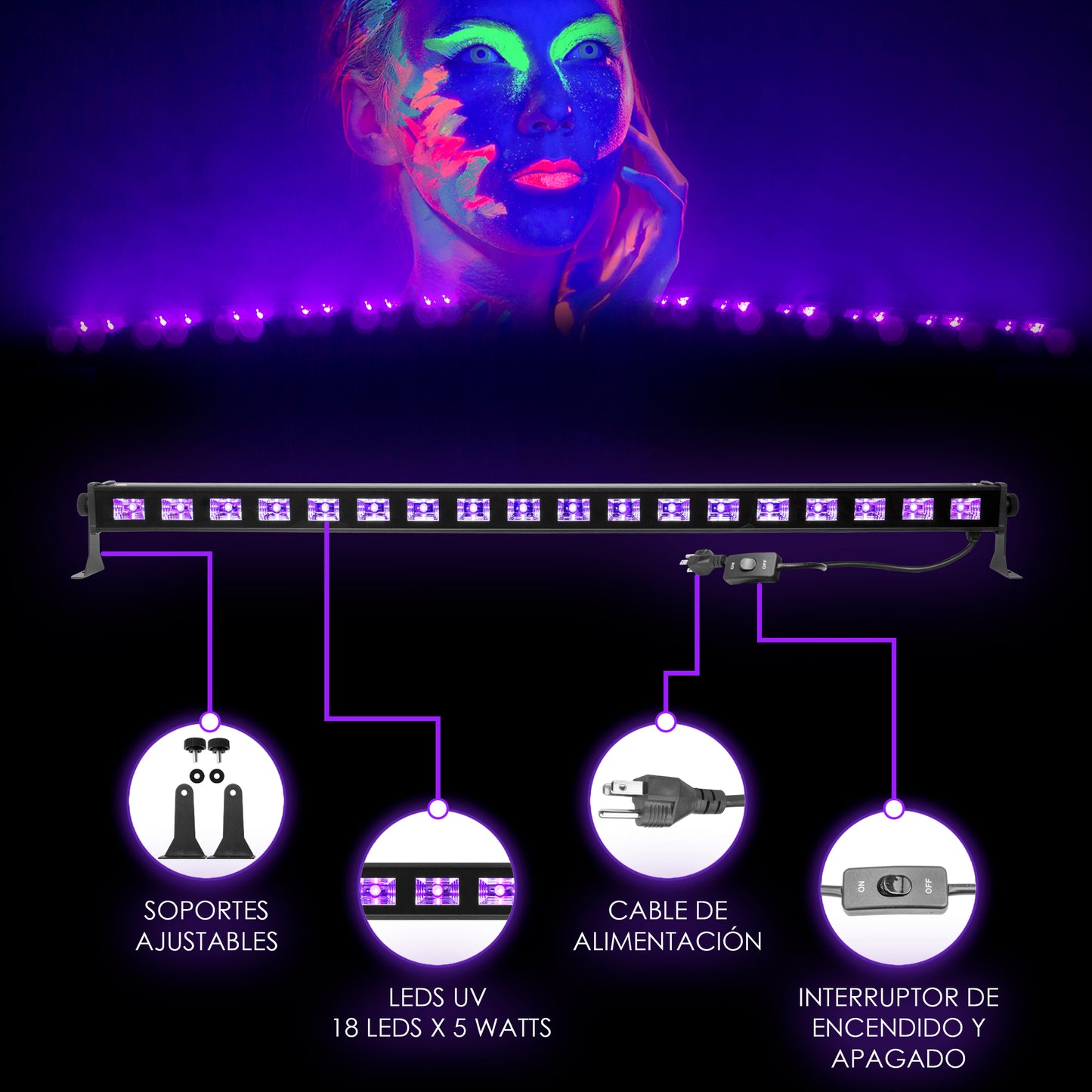 Barra de 18 LEDs por 5 Watts UV Efecto Neón
