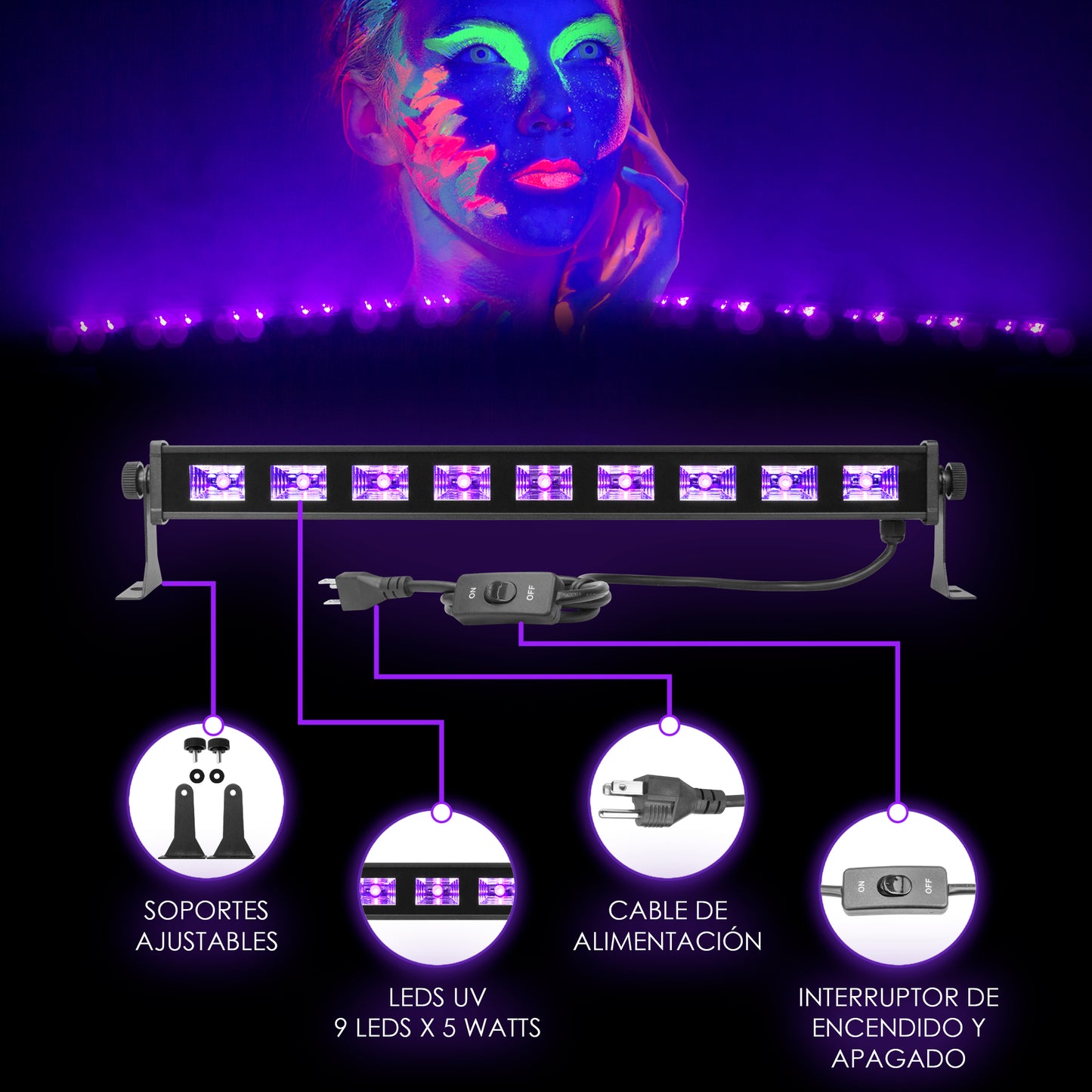 Barra de 9 LEDS X 5 Watts UV Efecto Neón