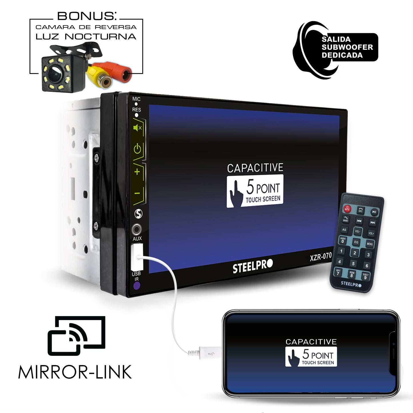 Autoestéreo de Pantalla Táctil de 7" con Mirror Link y Bluetooth, XZR-070