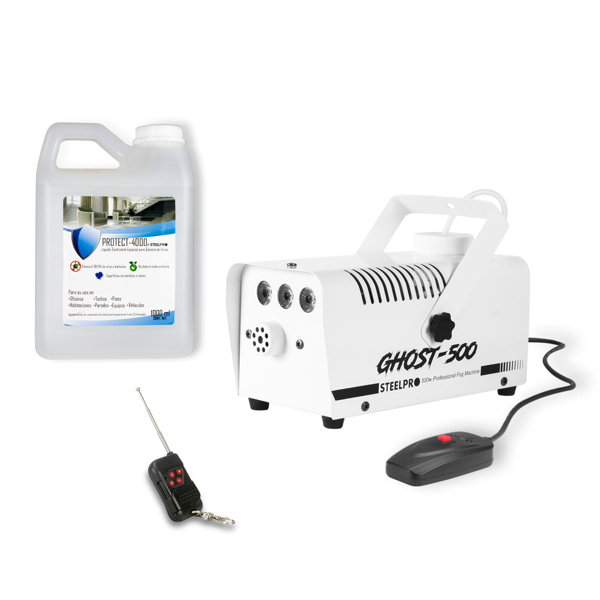 Máquina De Humo GHOST 500 Watts + Sanitizante Protect de 1lt Steelpro