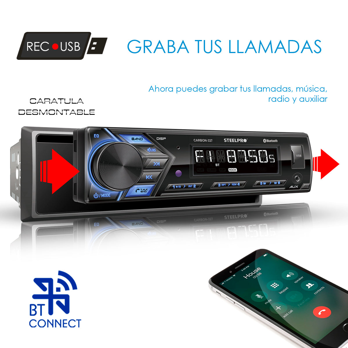 Autoestéreo Con Bluetooth De 1 Din Con Caratula Desmontable, CARBON-327