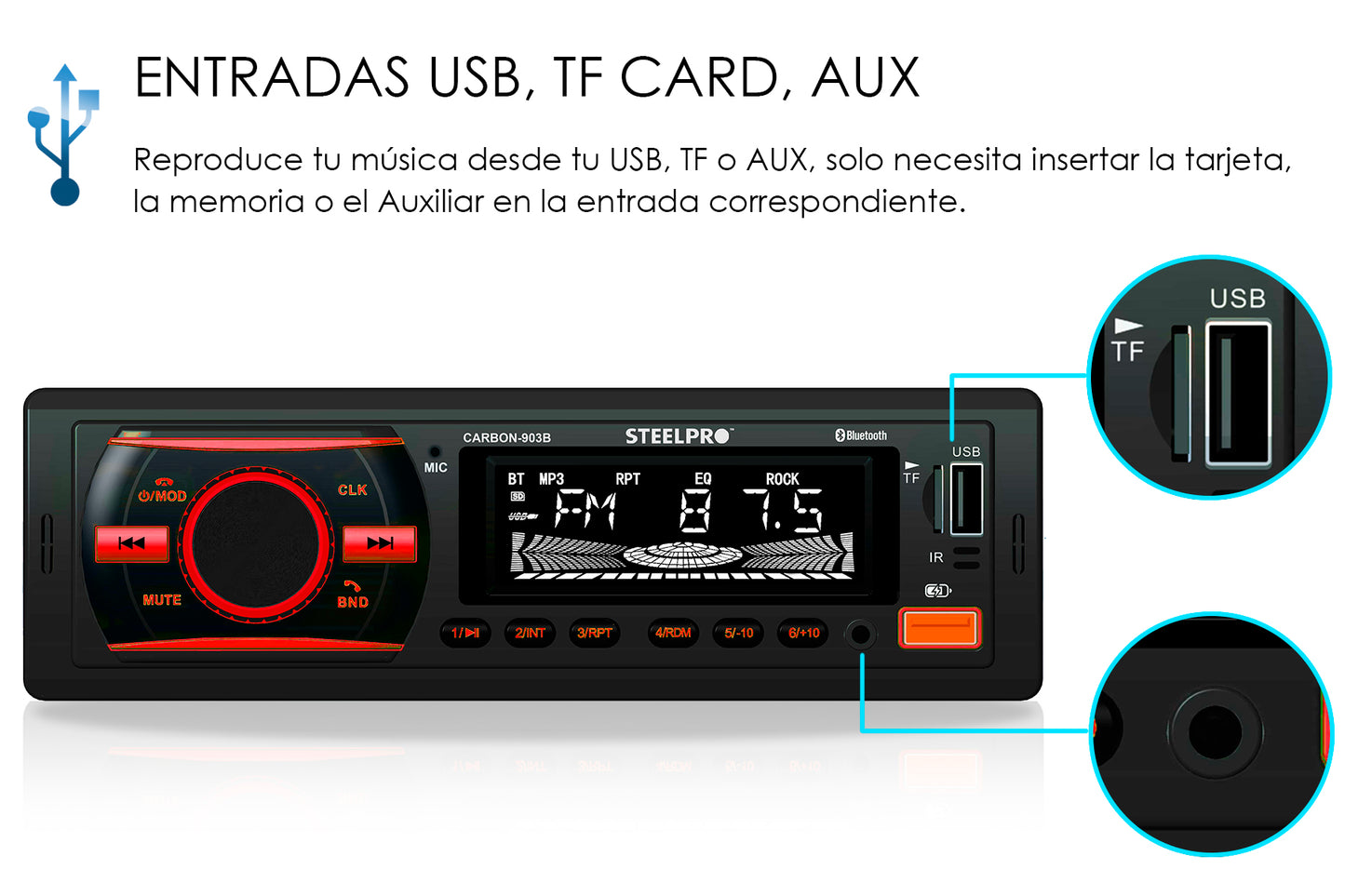Autoestéreo Con Bluetooth De 1 Din, CARBON-903B