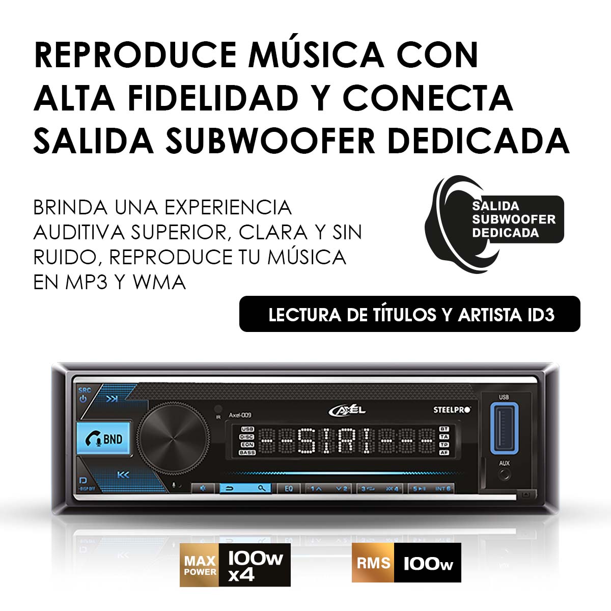 Autoestéreo De 100w X4 Max De Caratula Desmontable, AXEL-009