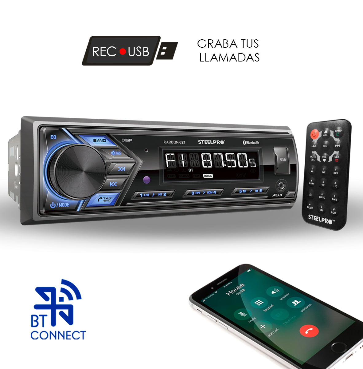 Autoestéreo Con Bluetooth De 1 Din Con Caratula Desmontable, CARBON-327
