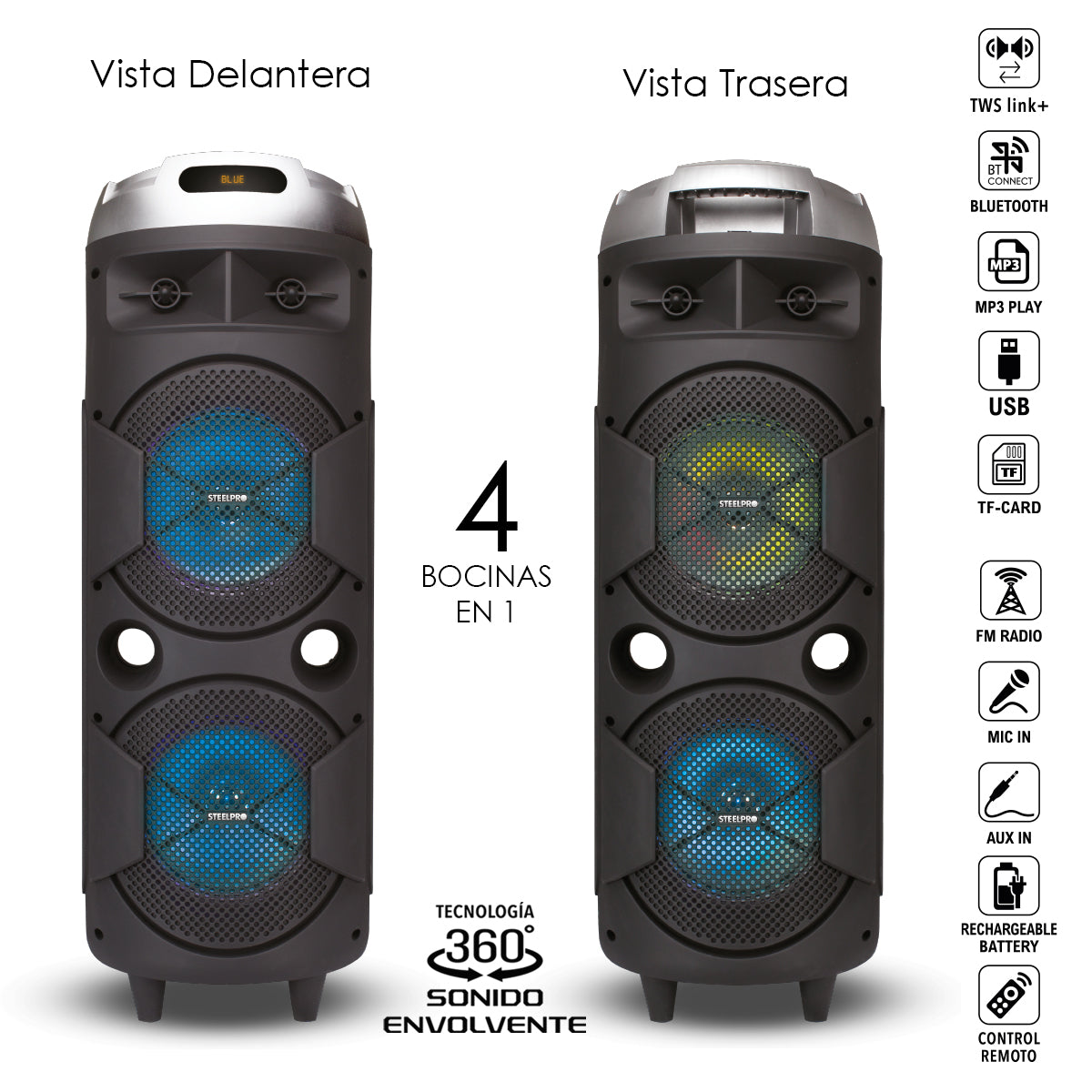Bocina Portable De Sonido 360° Con 4 Woofers De 8"